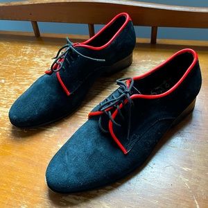 Adorable Black Suede Ankle Shoes with Neon Coral Highlights
